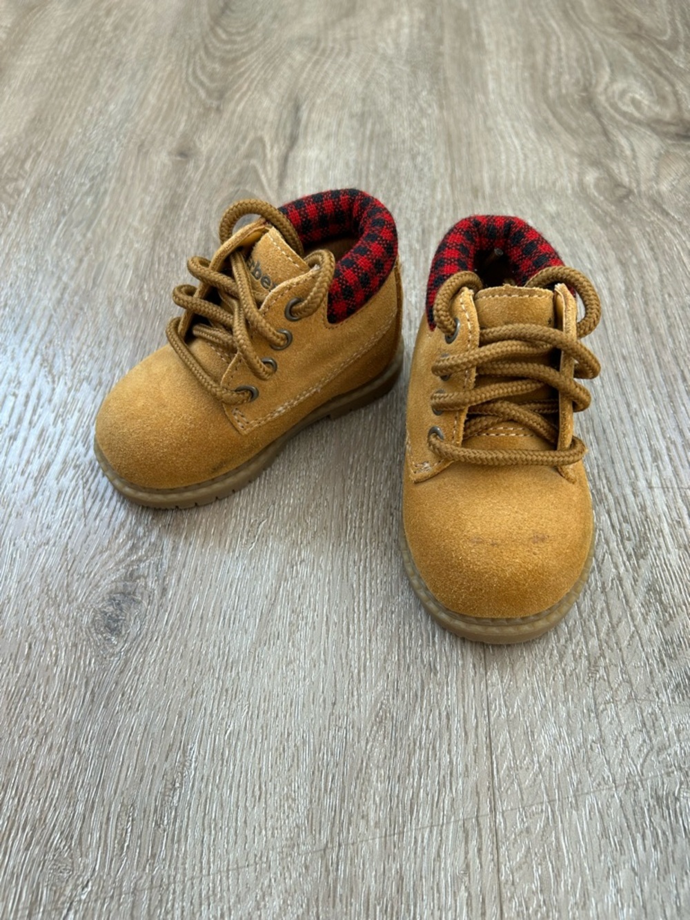 Carter's Tan Suede Lace-Up Kids Boots with Red Plaid Collar